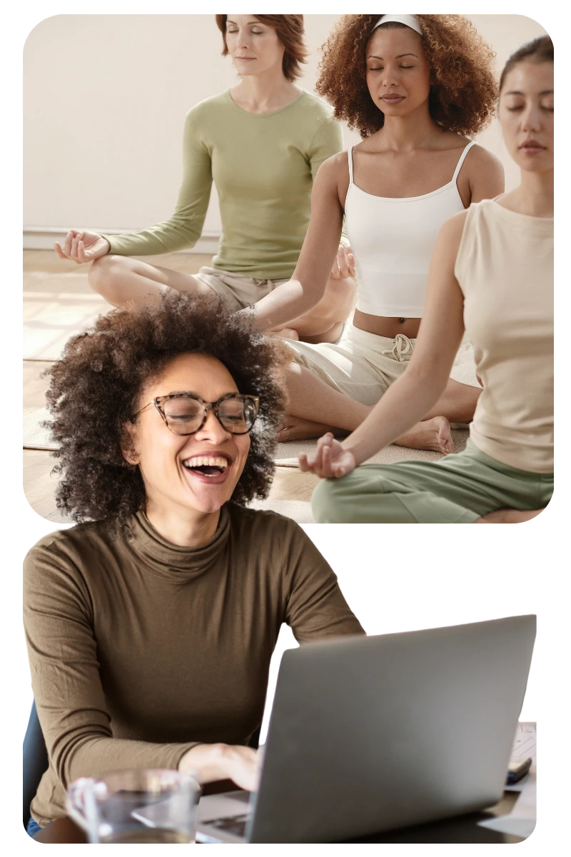 Frau die am PC arbeitet und dabei strahlt, daneben ein Bild mit 3 Frauen, die Yoga praktizieren