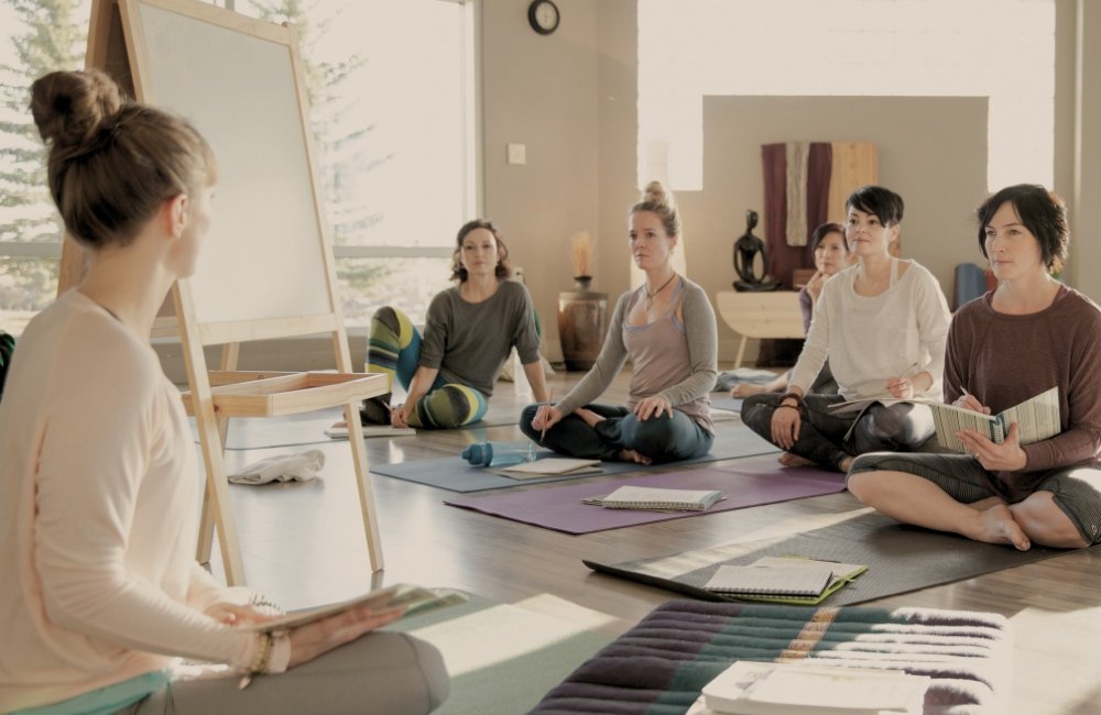 Eine Gruppe von Frauen auf Yogamatten mit Blöcken und Stiften lauschen einer Vortragenden