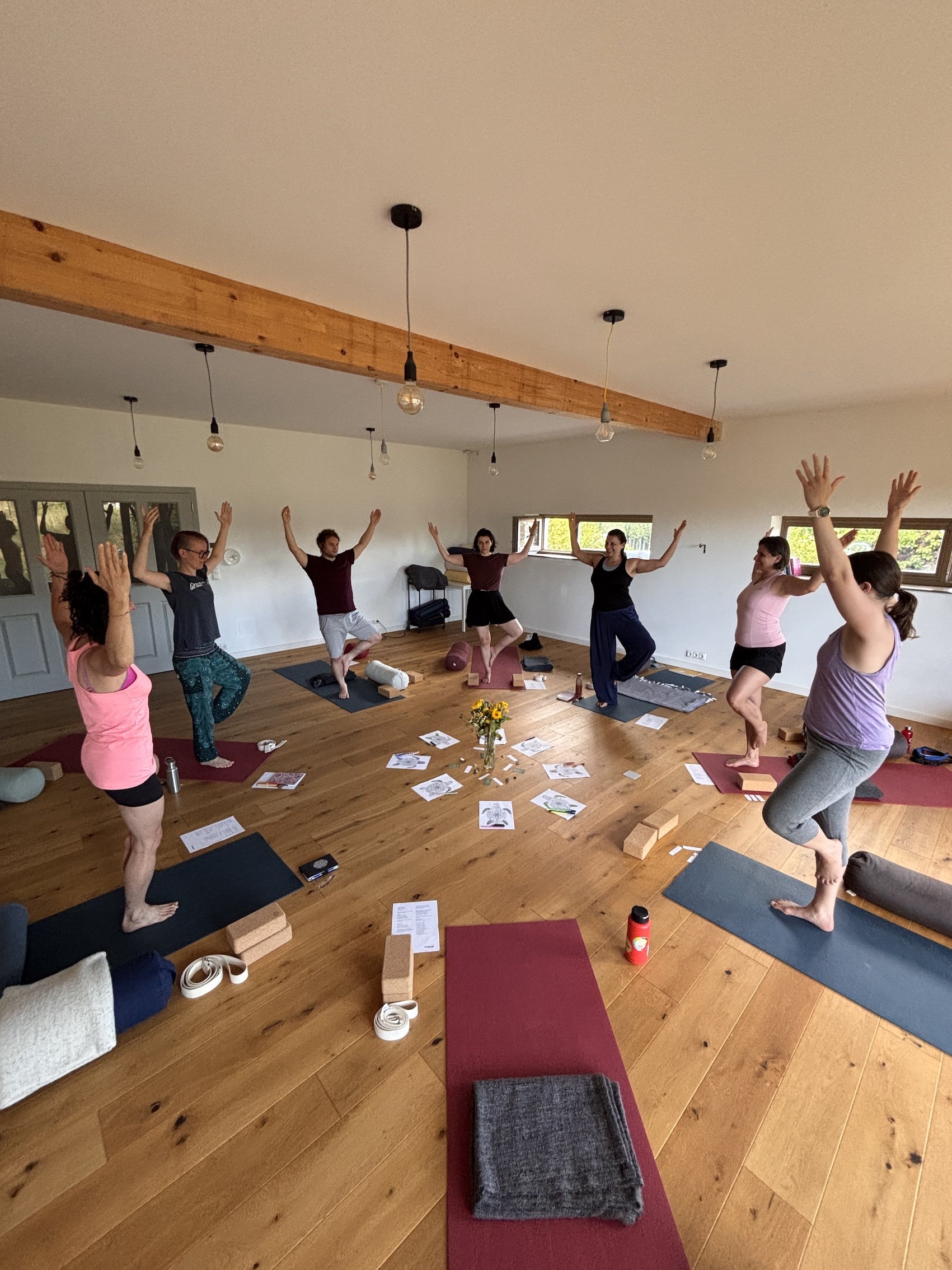 Yogagruppe stehend in Baumhaltung
